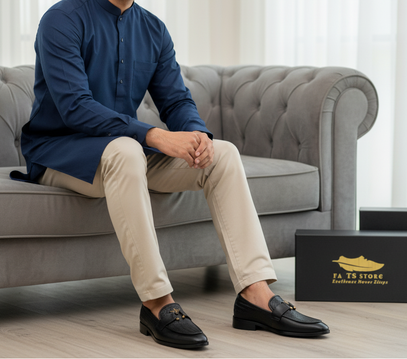 Black textured loafers with the signature bee accent.