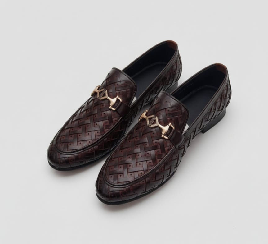 TS Store: Woven Leather Loafers with Gold Horsebit Buckle - Dark Brown