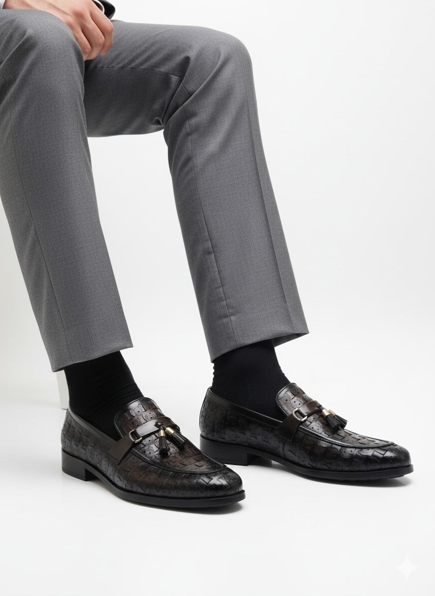 Luxury Brown Textured Leather Loafers with Tassel Detailing