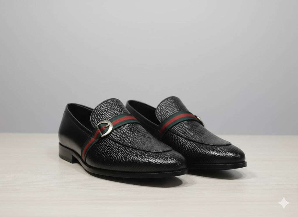 Designer-Inspired Black Grained Leather Loafers