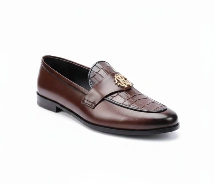 TS Store: Mixed-Leather Loafer with Gold Monogram Accent - Rich Brown