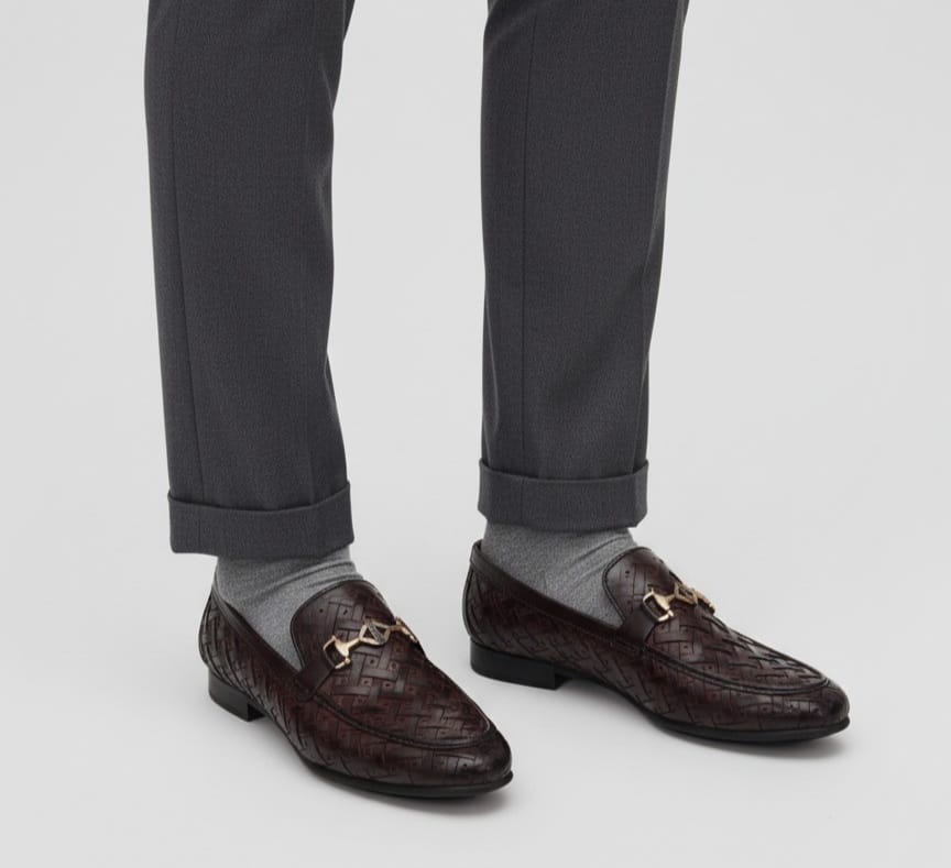 TS Store: Woven Leather Loafers with Gold Horsebit Buckle - Dark Brown